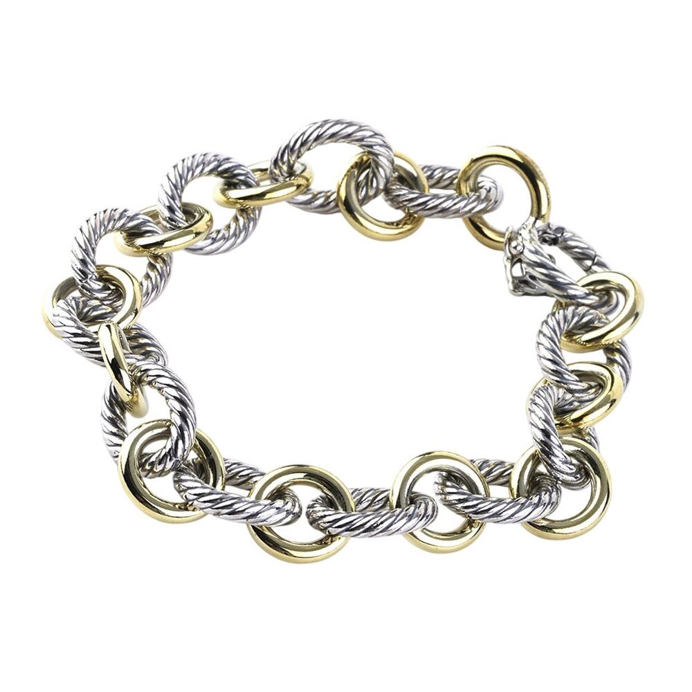 David Yurman Large Oval Link Chain Bracelet Sterling Silver 18K Yellow Gold